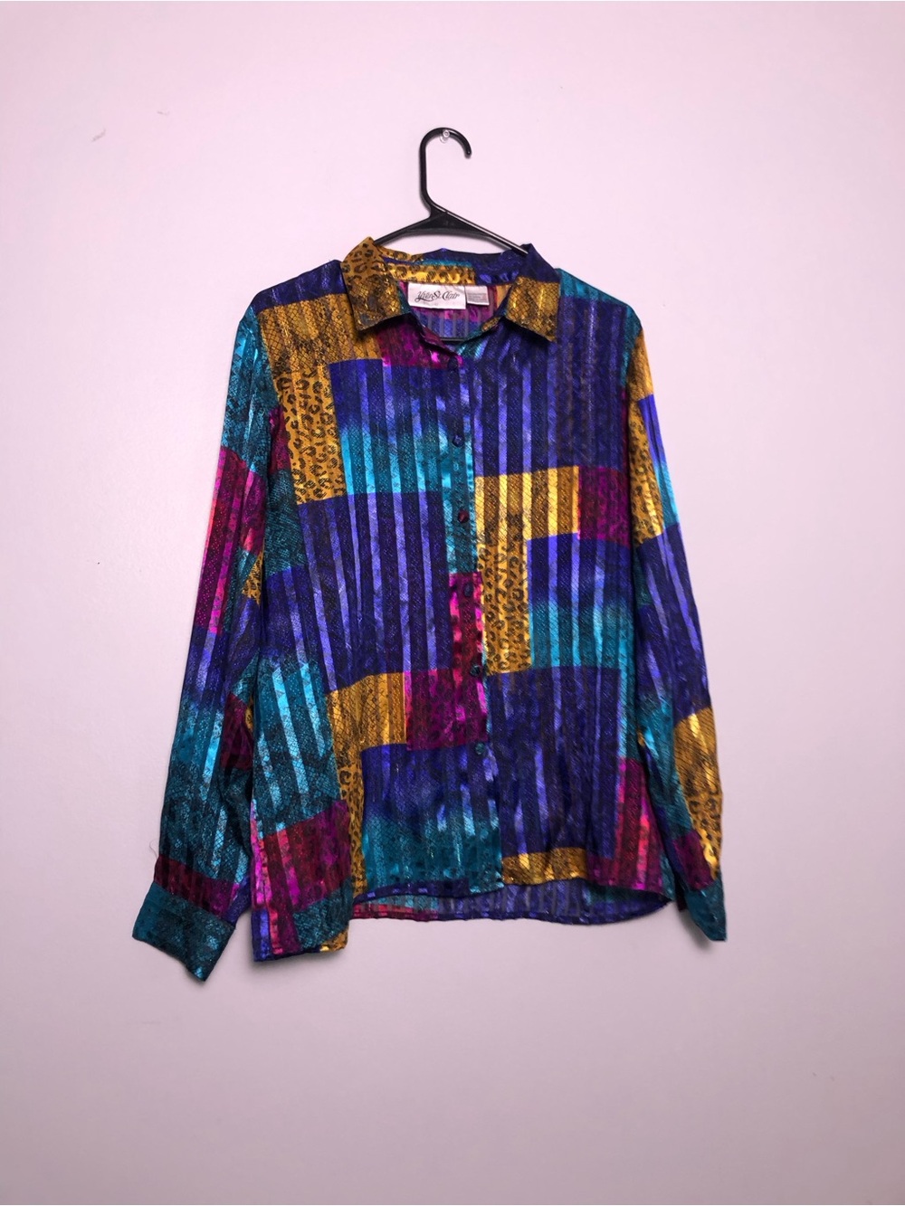 Yves St. Clair Vibrant Teal, Purple, Gold Button-Up Top